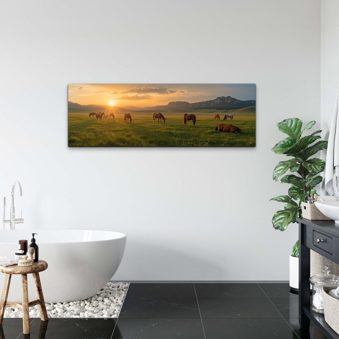Wild Horses Grazing Meadow Sunset Mountain Panoramic Photo Poster - Image 4
