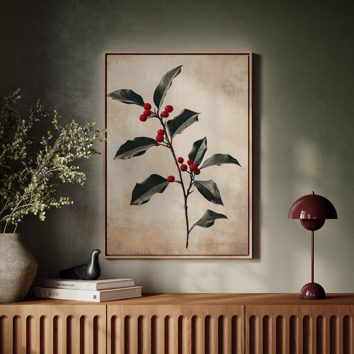 Holly Branch With Red Berries On Aged Paper Vintage Botanical Poster