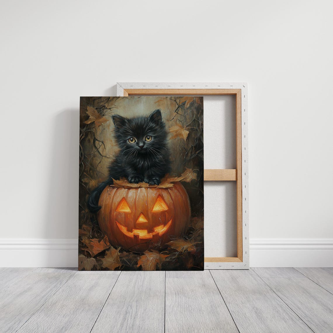 Black Kitten On Glowing Jack O Lantern Cute Halloween Art Poster - Image 3