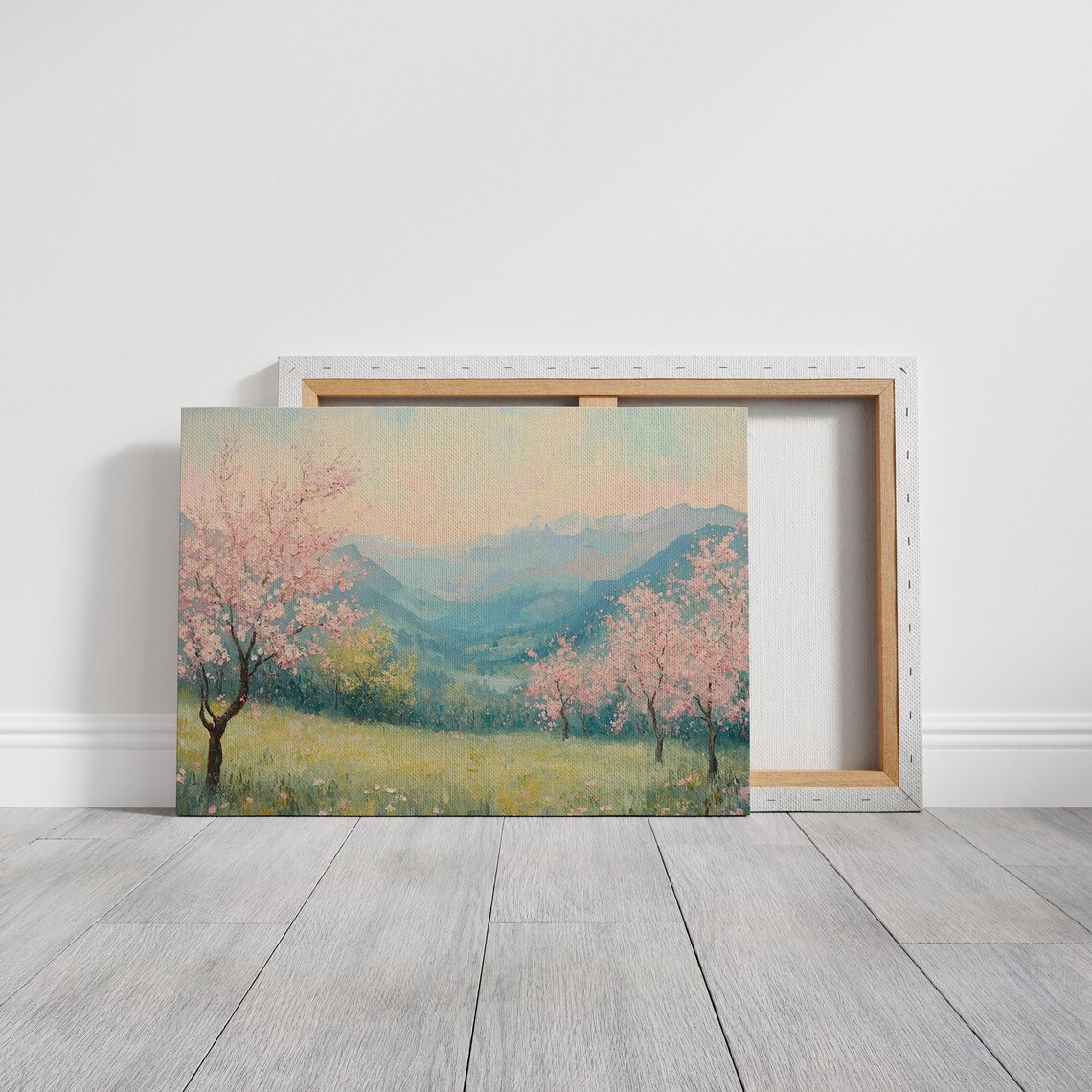 Cherry Blossom Trees In Mountain Meadow Valley Spring Landscape Wall Art - Image 3