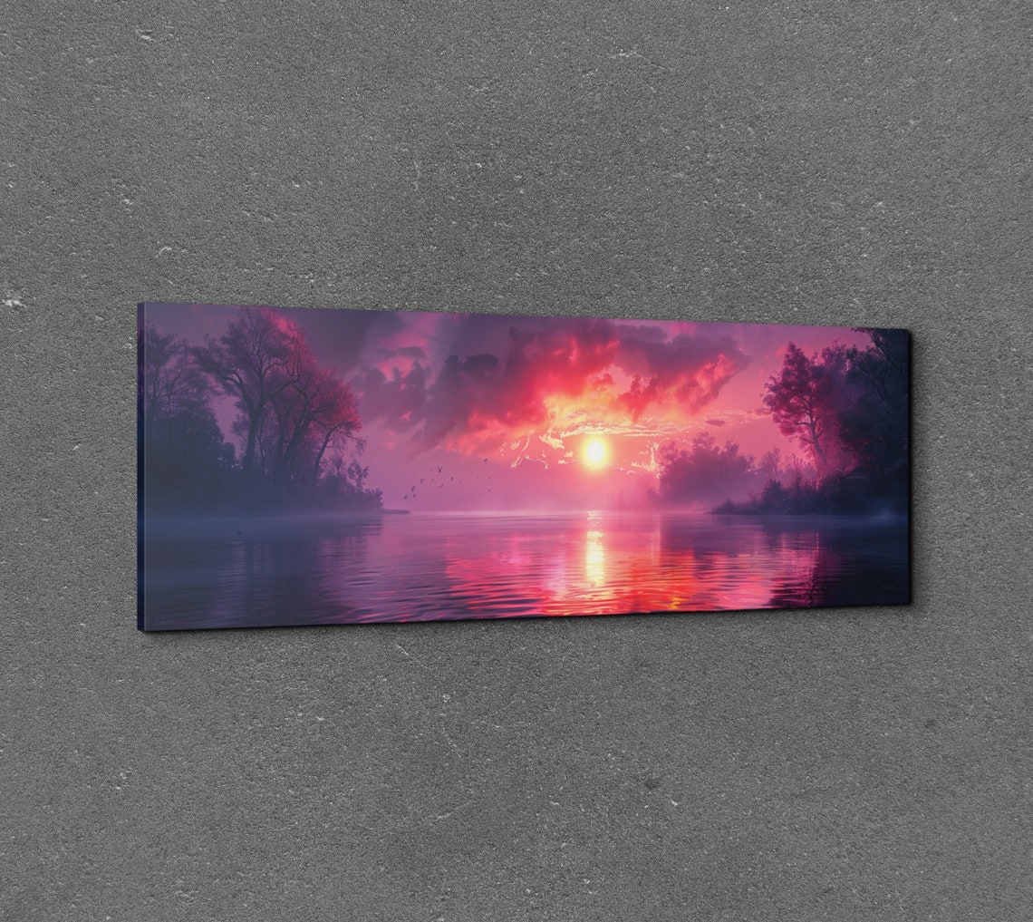 Magenta Sunset Over Lake with Trees Water Reflection Panorama Wall Art - Image 6