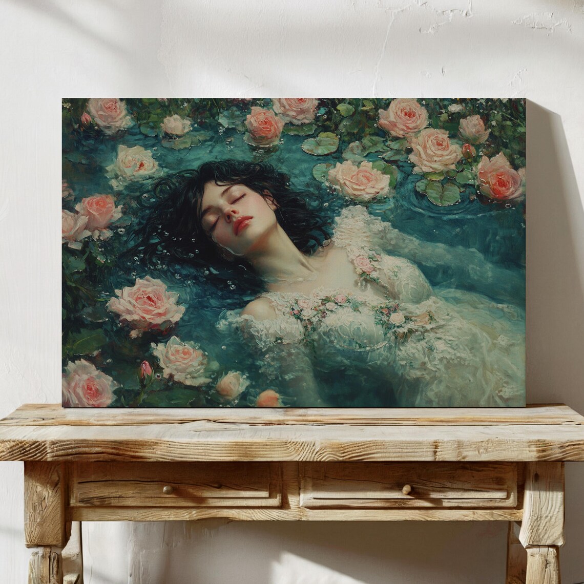 Floating Woman with Roses Dreamy Teal Floral Vintage Art Print - Image 3