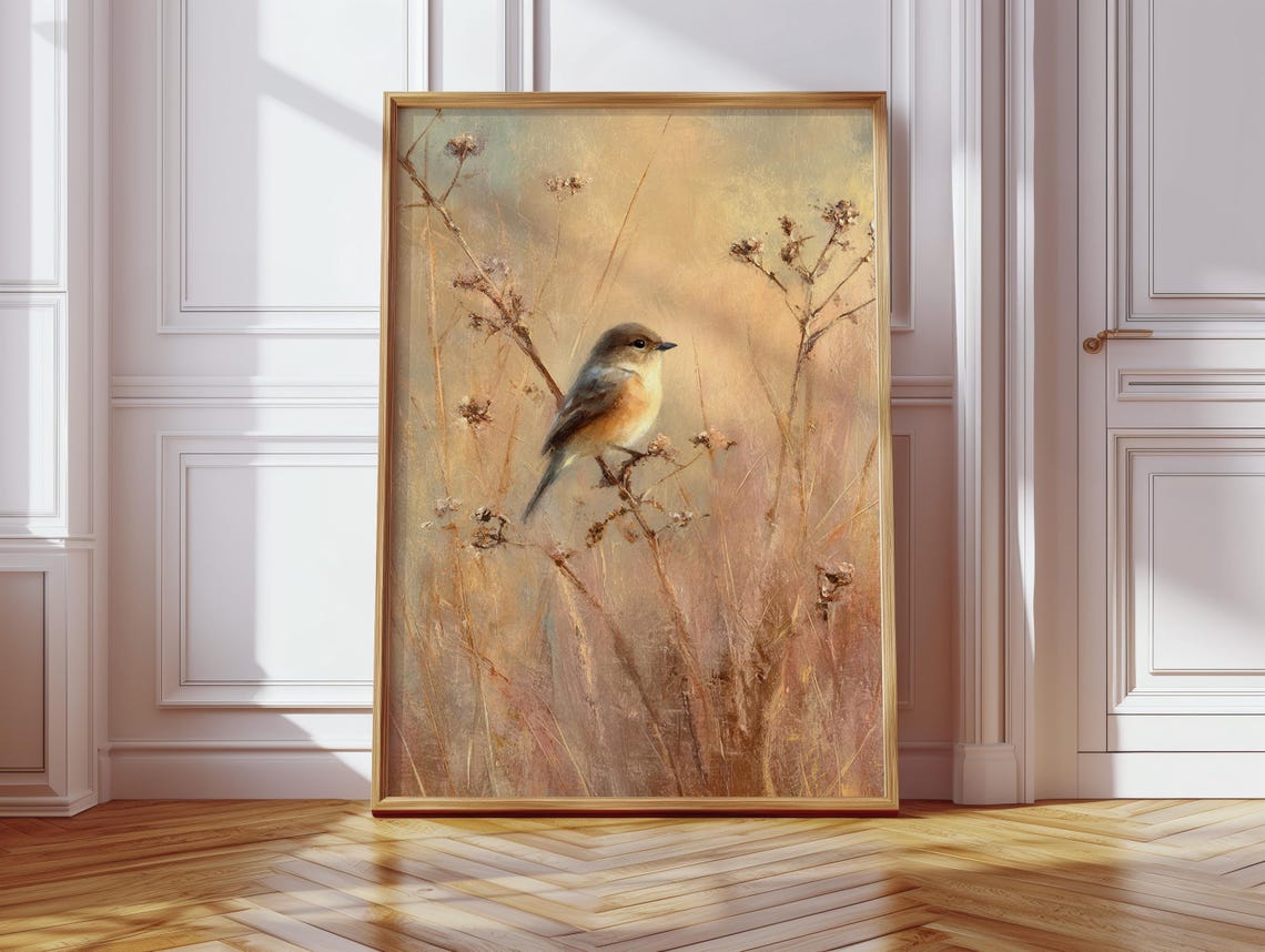 Songbird On Autumn Branches Rustic Warm Golden Wildlife Art Poster