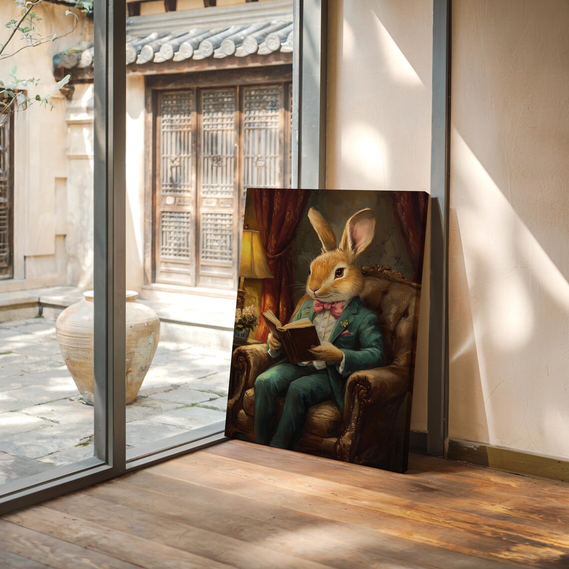 Gentleman Rabbit in Green Suit Reading Book in Library Chair Poster - Image 7