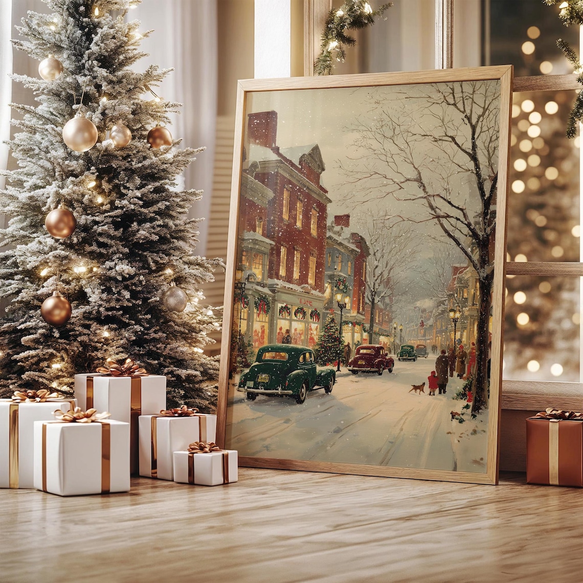 Vintage Christmas Street Scene, Holiday Art Print