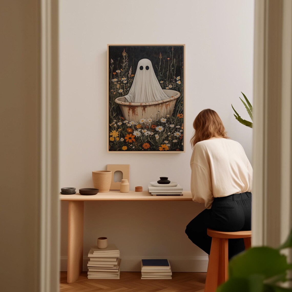 Vintage Rustic Ghost, Floral Bathtub Scene - Image 4