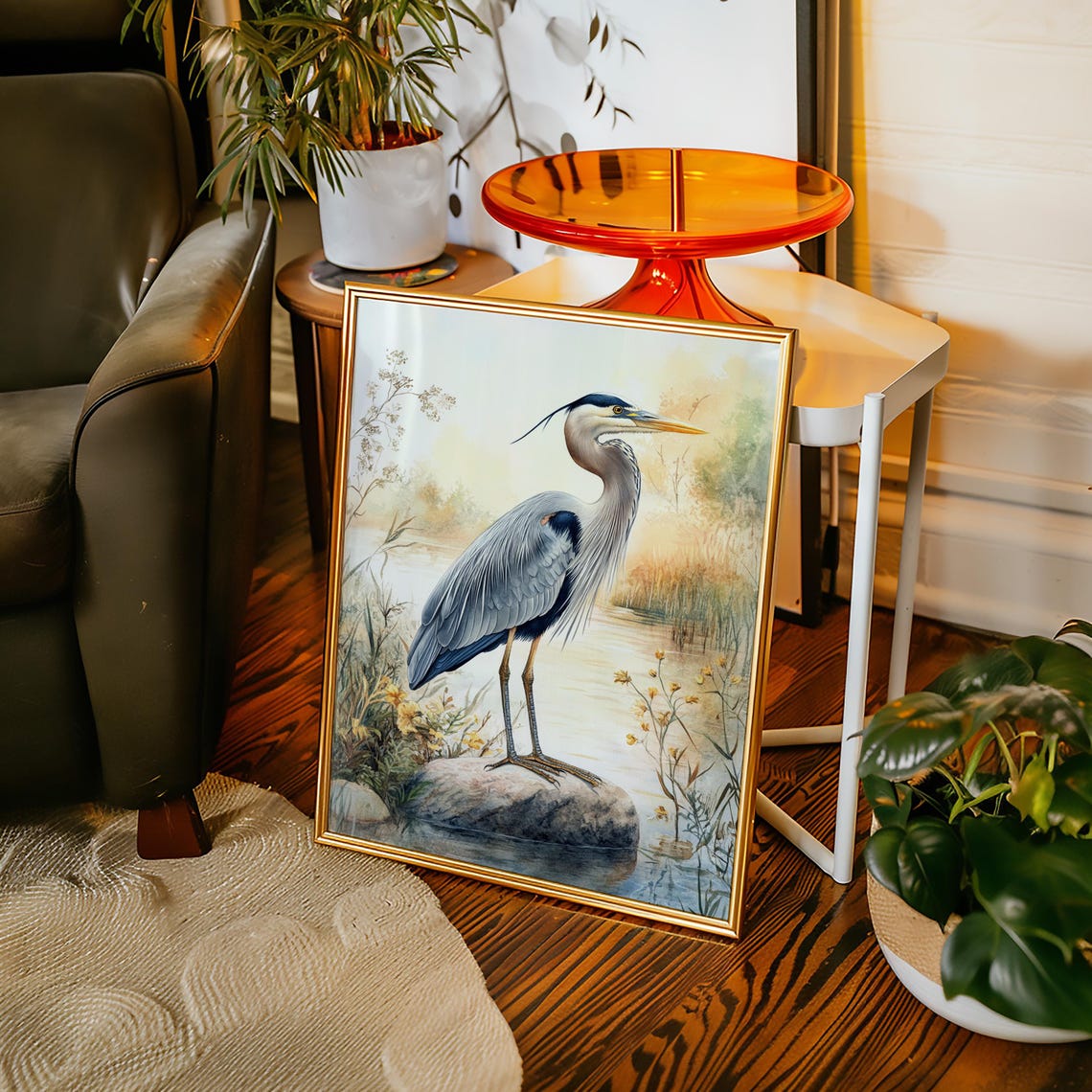 Great Blue Heron Standing In Golden Wildflower Marsh Watercolor Poster