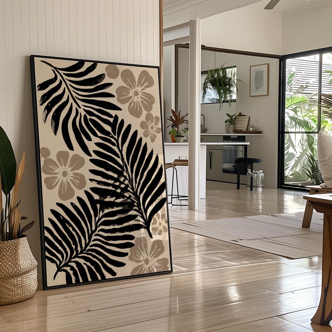 Black Palm Leaves With Tan Tropical Flowers Modern Art Poster