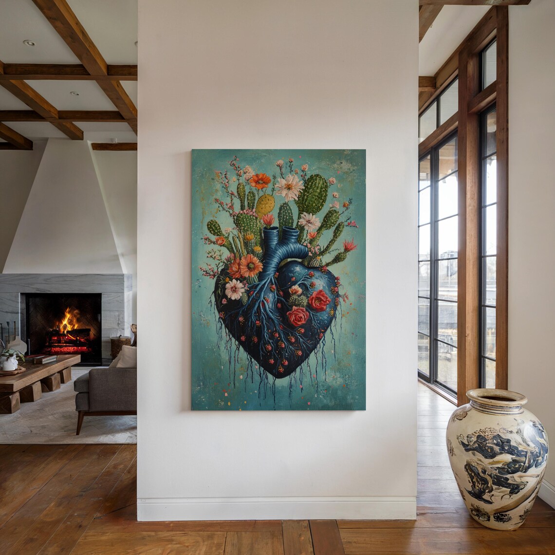 Cactus Heart Art With Blooming Flowers, Botanical - Image 4