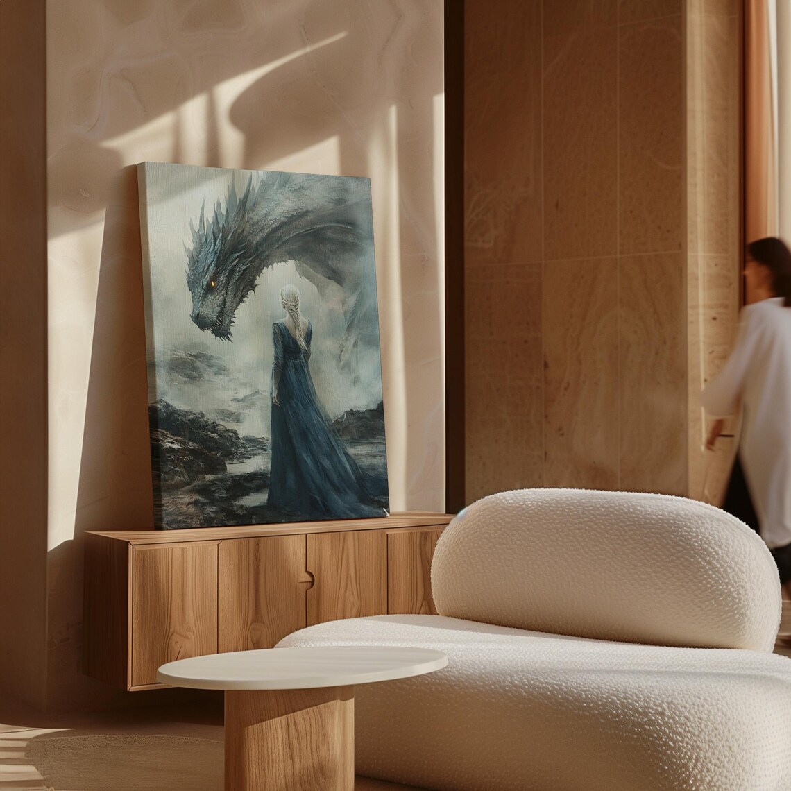 Woman Facing Majestic Dragon in Mist Epic Fantasy Adventure Wall Art Print - Image 2
