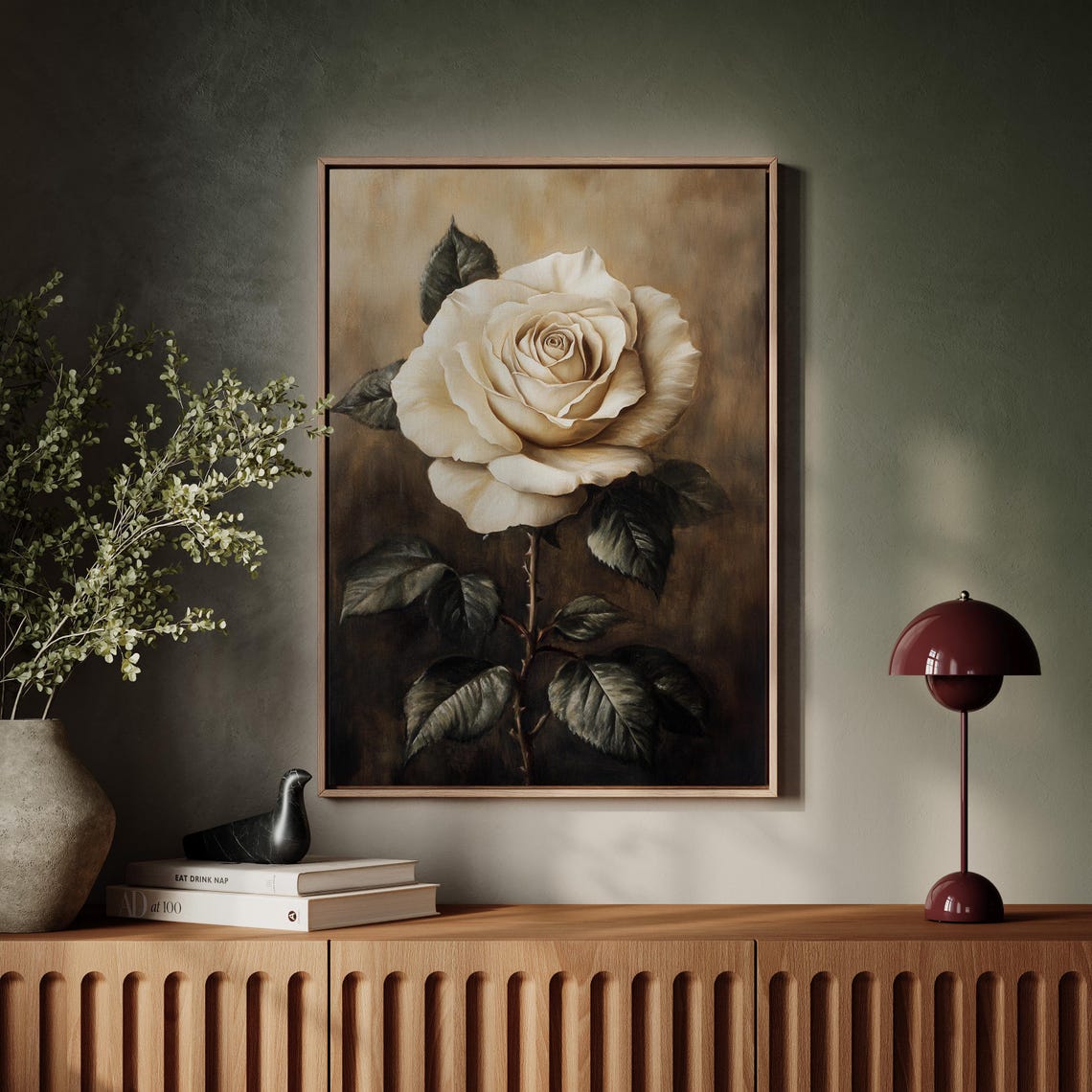 White Rose on a Tall Stem with Leaves Dark Vintage Botanical Poster - Image 6