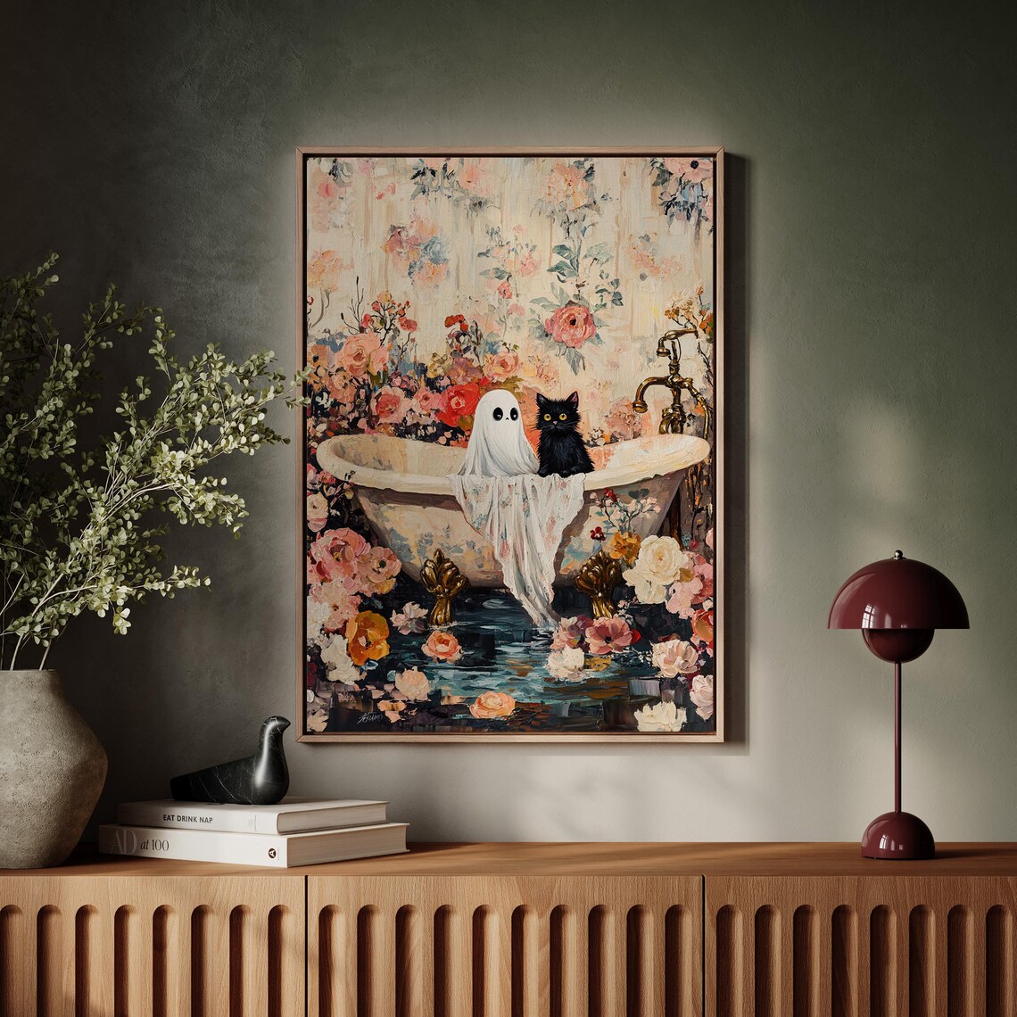Whimsical Ghost and Cat Floral Bathtub Wall Art Print - Image 4