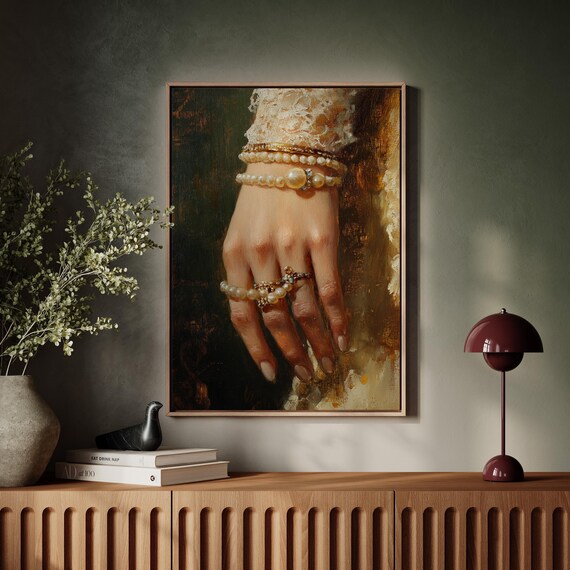 Elegant Victorian Hand Art Pearl Bracelets And Gemstone Rings Painting Romantic Vintage Wall Decor
