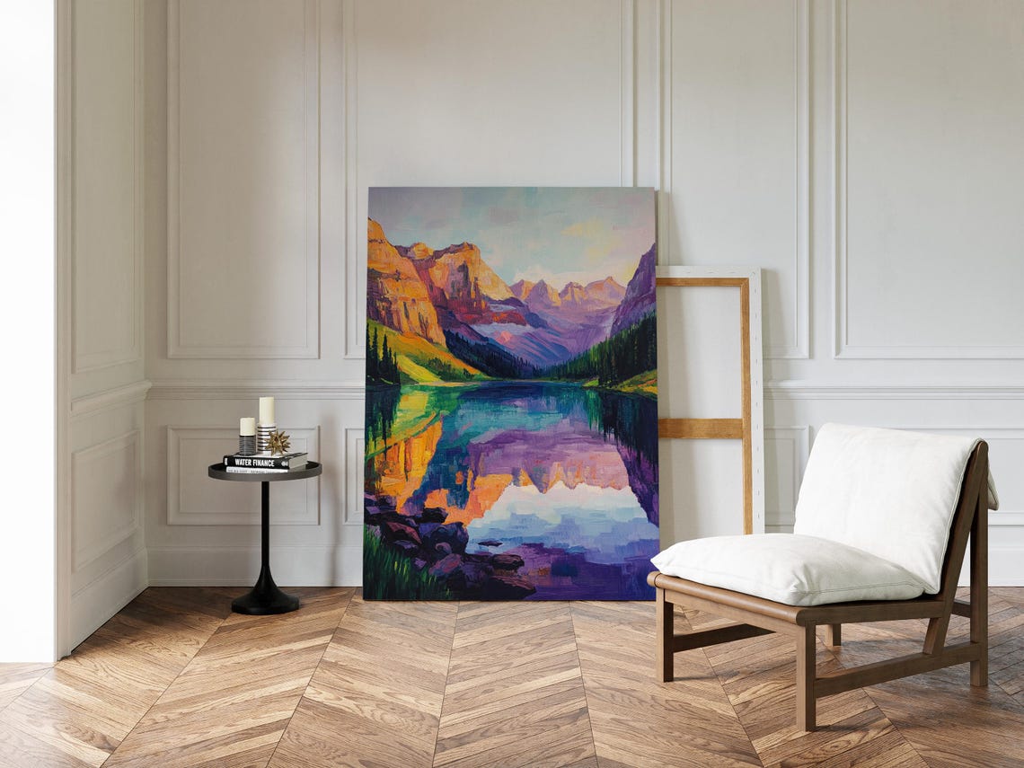 Vibrant Mountain Lake Abstract Nature Landscape Art Bold Colorful Wall Decor For Home Or Office - Image 2