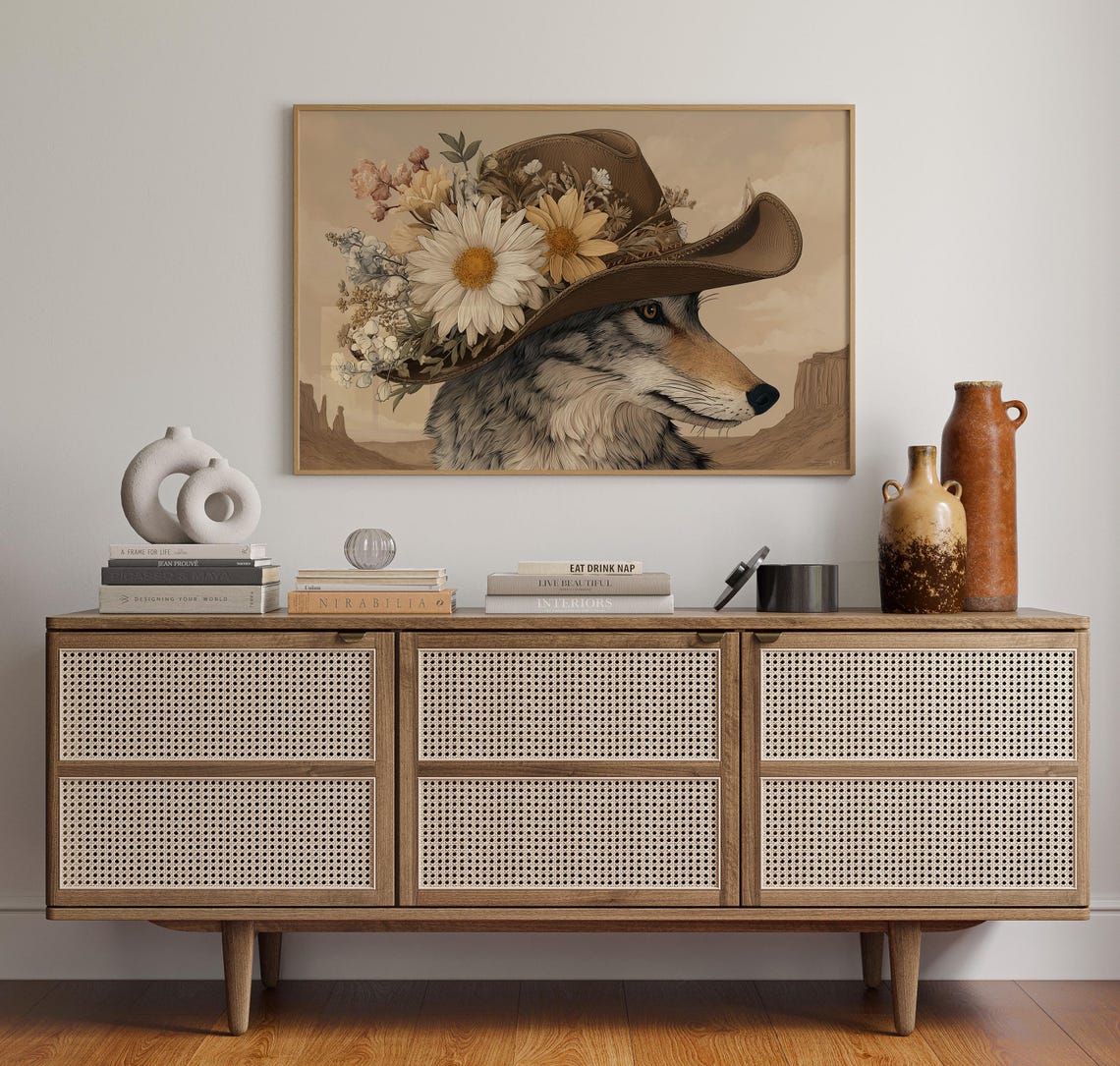 Coyote In Floral Cowboy Hat Desert Canyon Western Animal Poster