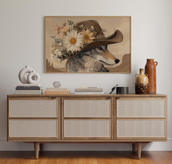 Coyote In Floral Cowboy Hat Desert Canyon Western Animal Poster