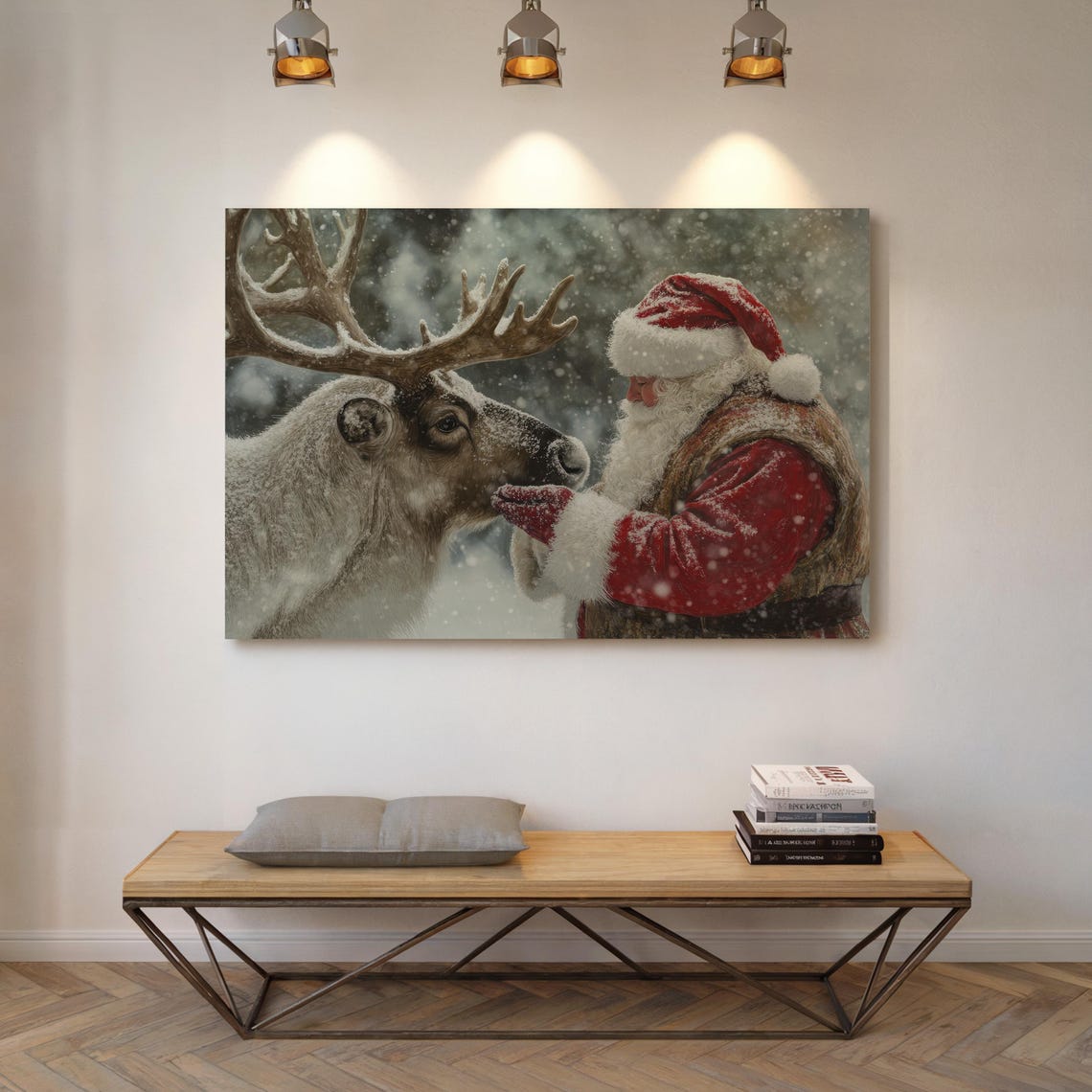 Santa Claus Feeding His Reindeer Nose To Nose In Falling Snow Poster - Image 5