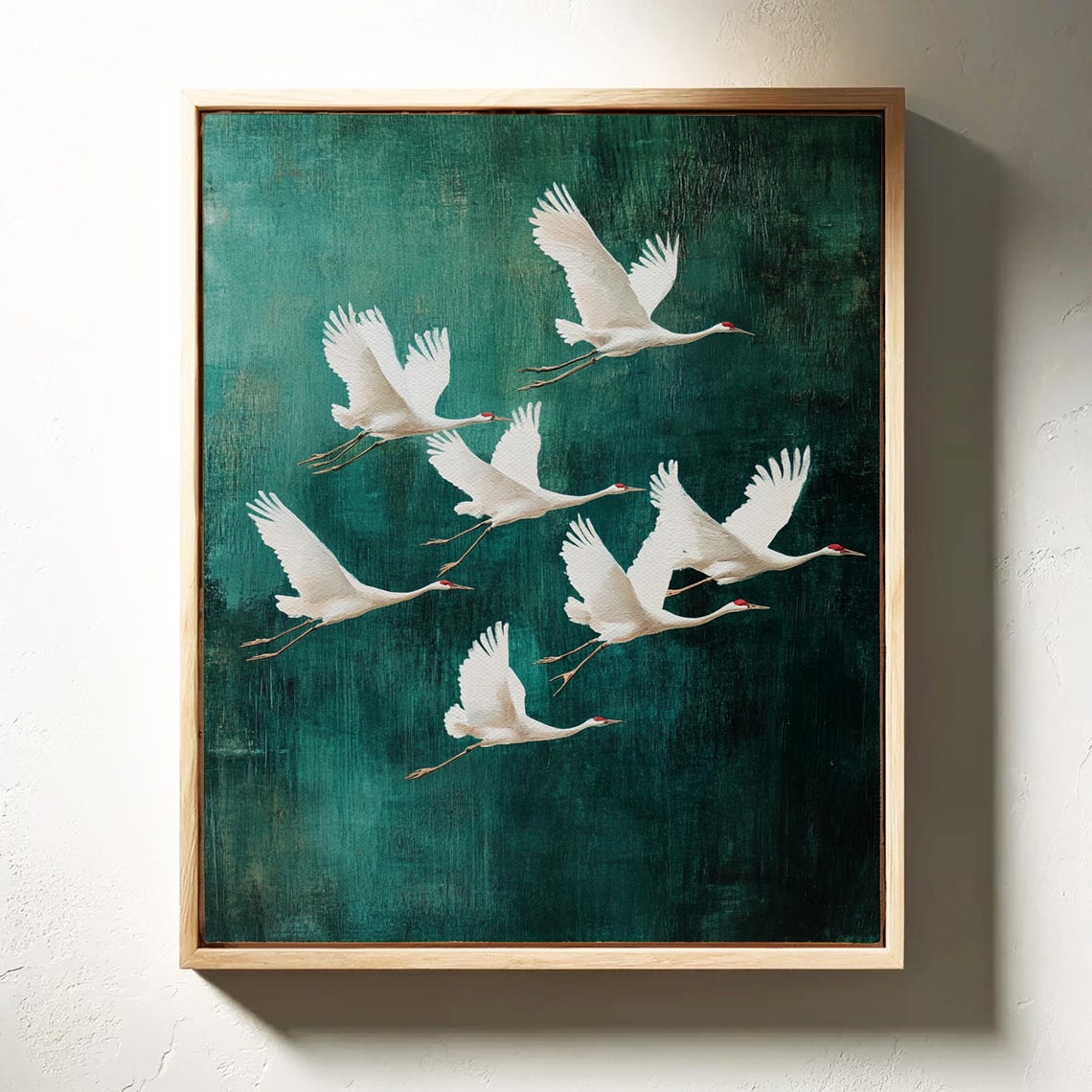 Seven White Cranes In Flight Teal Green Minimalist Bird Poster - Image 3