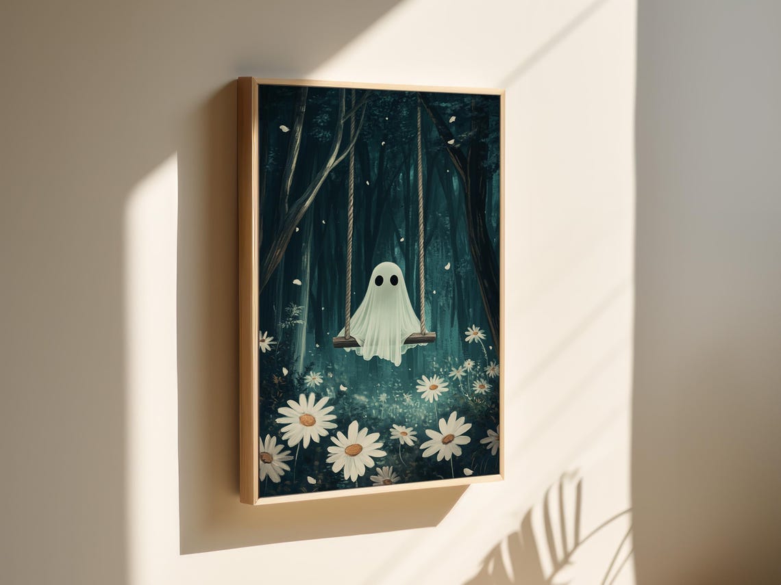 Cute Ghost On Swing In Dark Forest With White Daisies Wall Art - Image 3