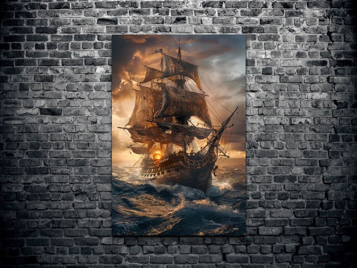 Tall Pirate Ship on Stormy Sea at Golden Sunset Sky Wall Art - Image 2