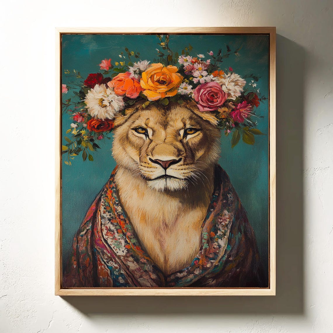 Lioness Flower Crown Orange Roses Patterned Shawl Regal Poster - Image 6