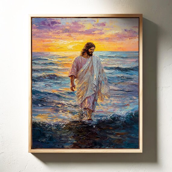 Jesus Walking On Water Vibrant Sunset Ocean Christian Poster