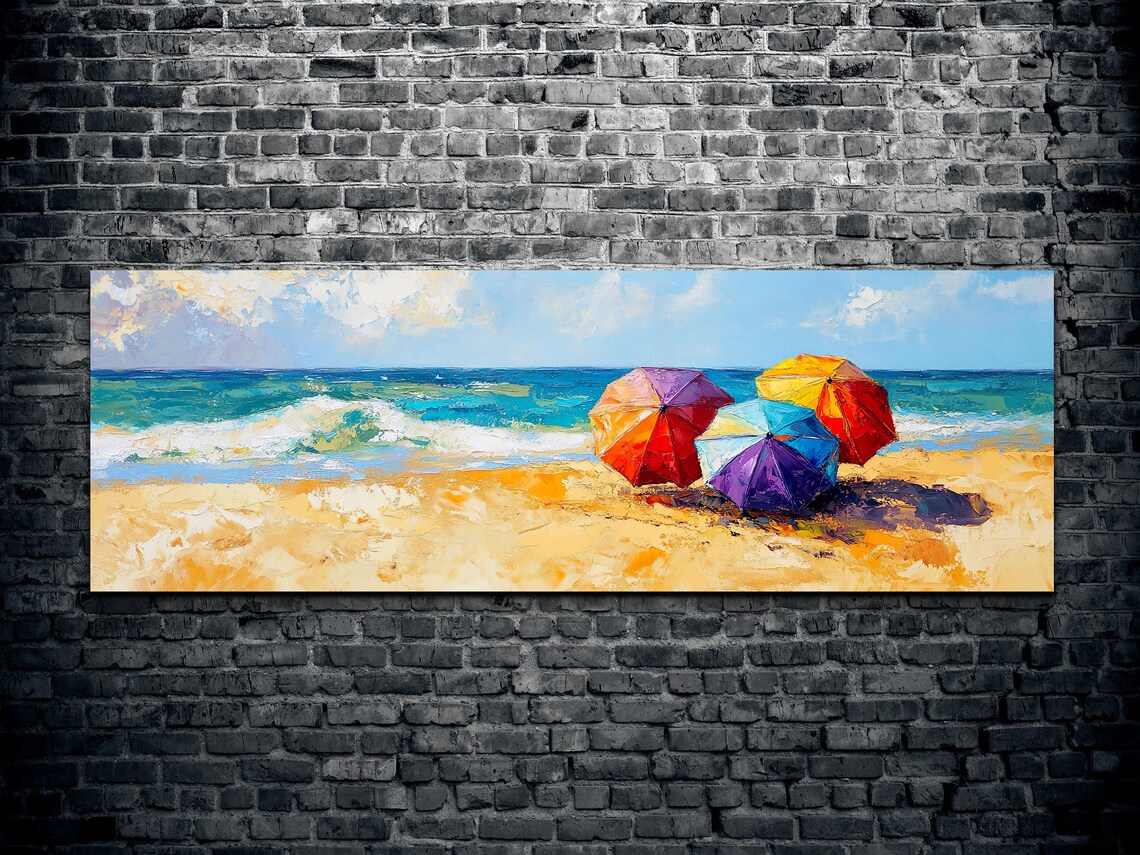 Beach Parasols Oil Painting, Panoramic Beach Scene - Image 2