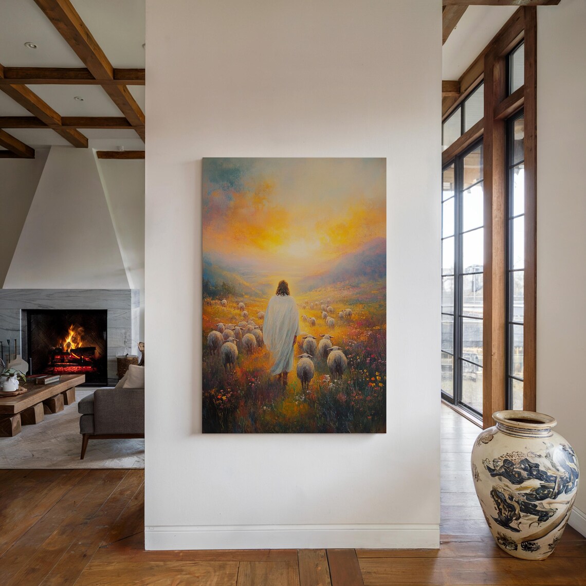 Jesus Walking With His Sheep Flock Through a Golden Sunrise Meadow Poster - Image 4