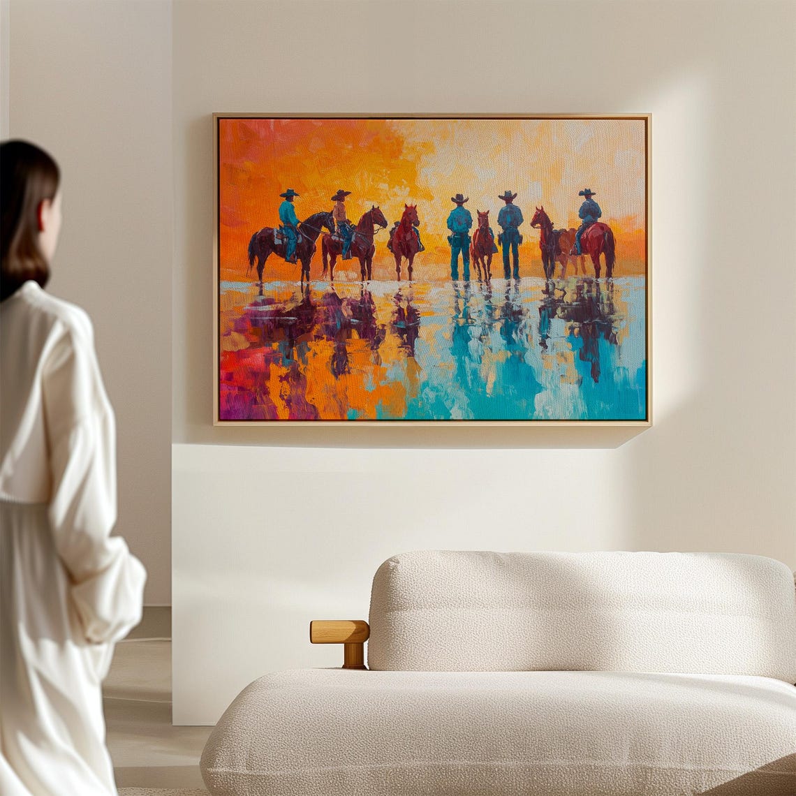 Cowboys With Horses Reflected In A Vibrant Sunset Water Poster - Image 2