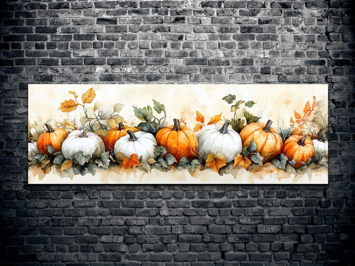 Orange White Pumpkin Row With Ivy Autumn Harvest Still Poster - Image 2