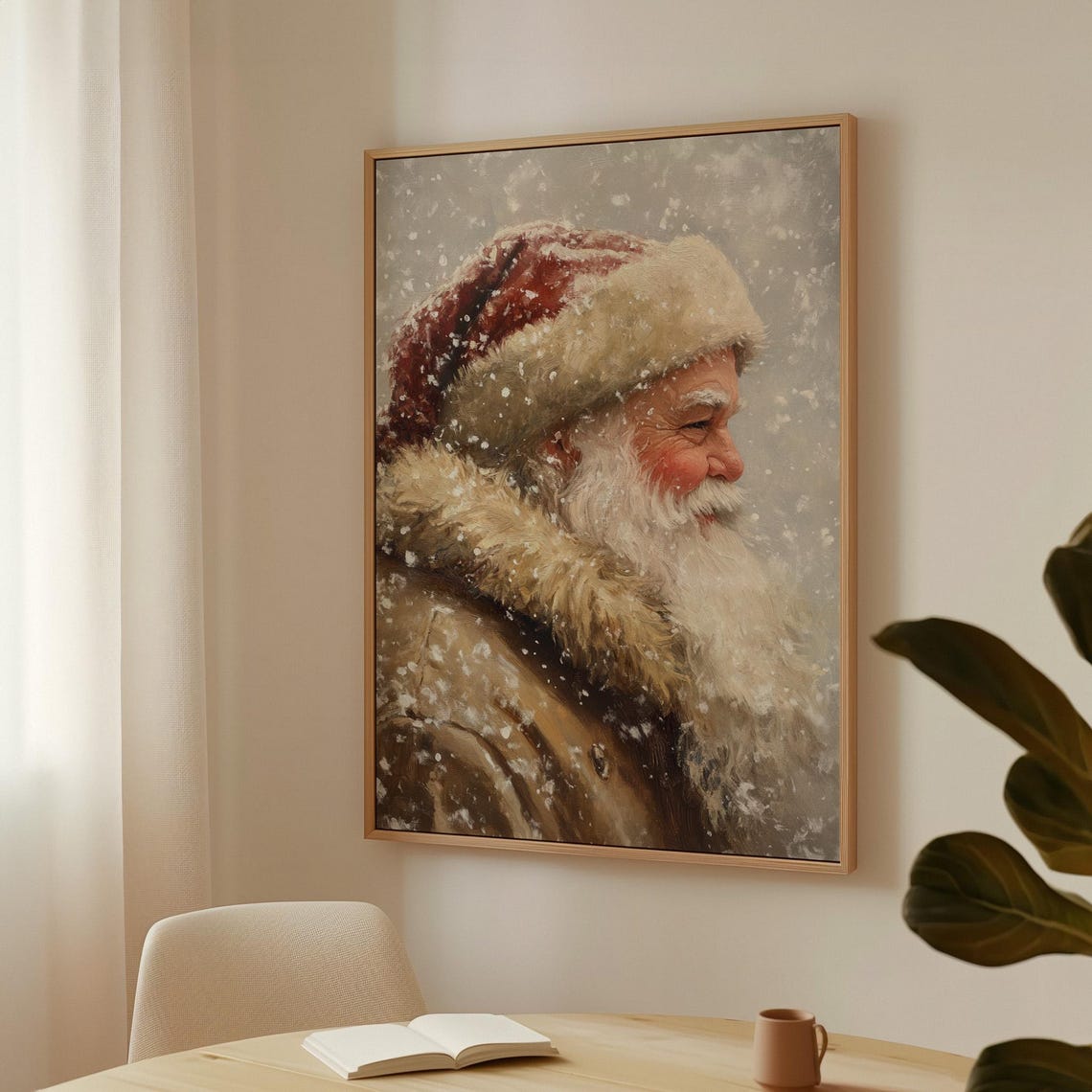 Santa Claus Profile In Falling Snow Vintage Holiday Portrait Wall Art - Image 5
