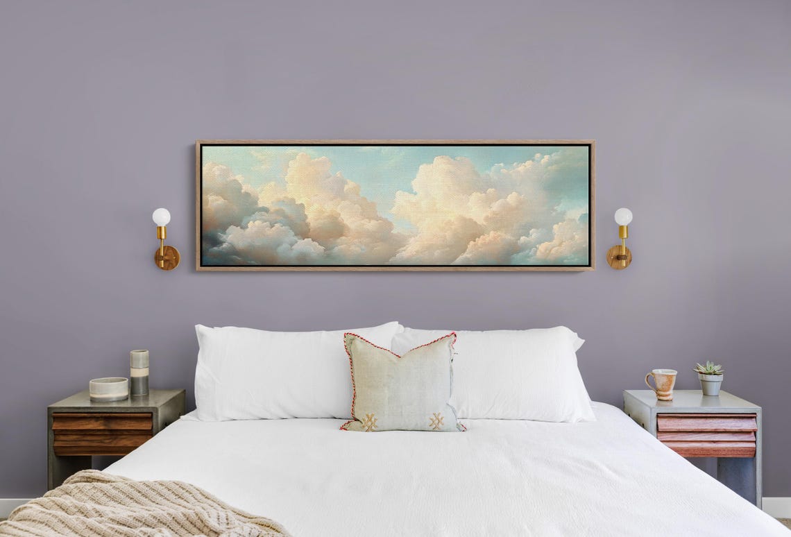 Panoramic Cloudscape Dreamy Sky Wall Art Serene Sunset Clouds Vintage Oil Painting Ethereal Nature Decor - Image 3