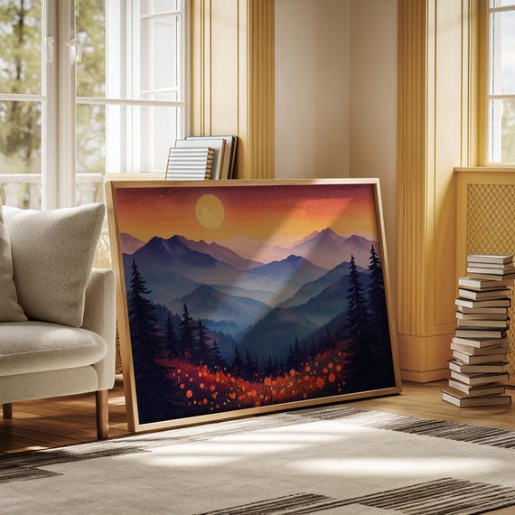 Golden Moon Over Mountain Valley Vibrant Landscape Canvas With Pine Trees Misty Hills And Glowing Wildflowers For Nature Wall Dcor
