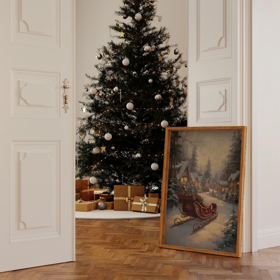 Vintage Christmas Sleigh Poster, Winter Village Scene