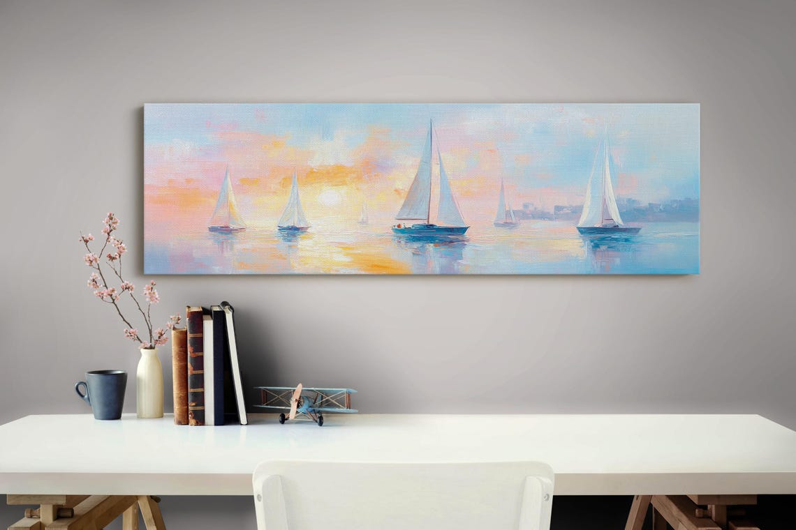White Sailboats Pastel Sunset Sea Panoramic Sailing Coastal Poster