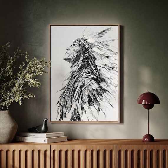 Black And White Native Warrior Portrait Art Print