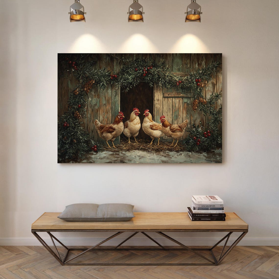 Christmas Hens at a Rustic Barn Door with Holiday Garland Poster - Image 6