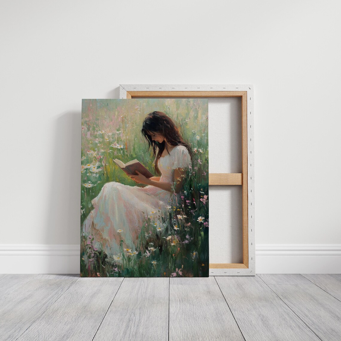 Woman Reading Book in Wildflower Meadow Romantic Cottagecore Poster - Image 3