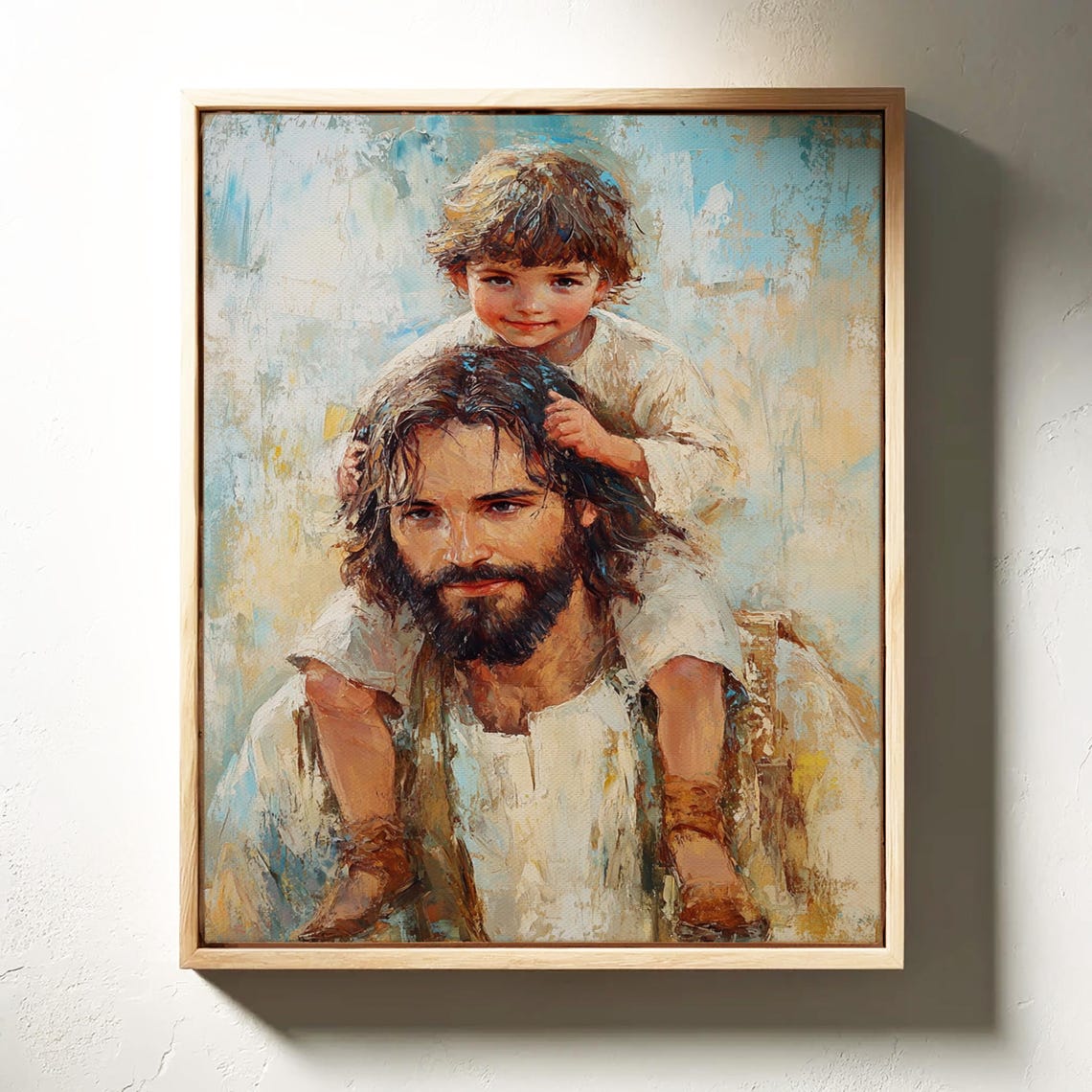 Joyful Child Riding on the Shoulders of Jesus in Soft Light Poster - Image 3