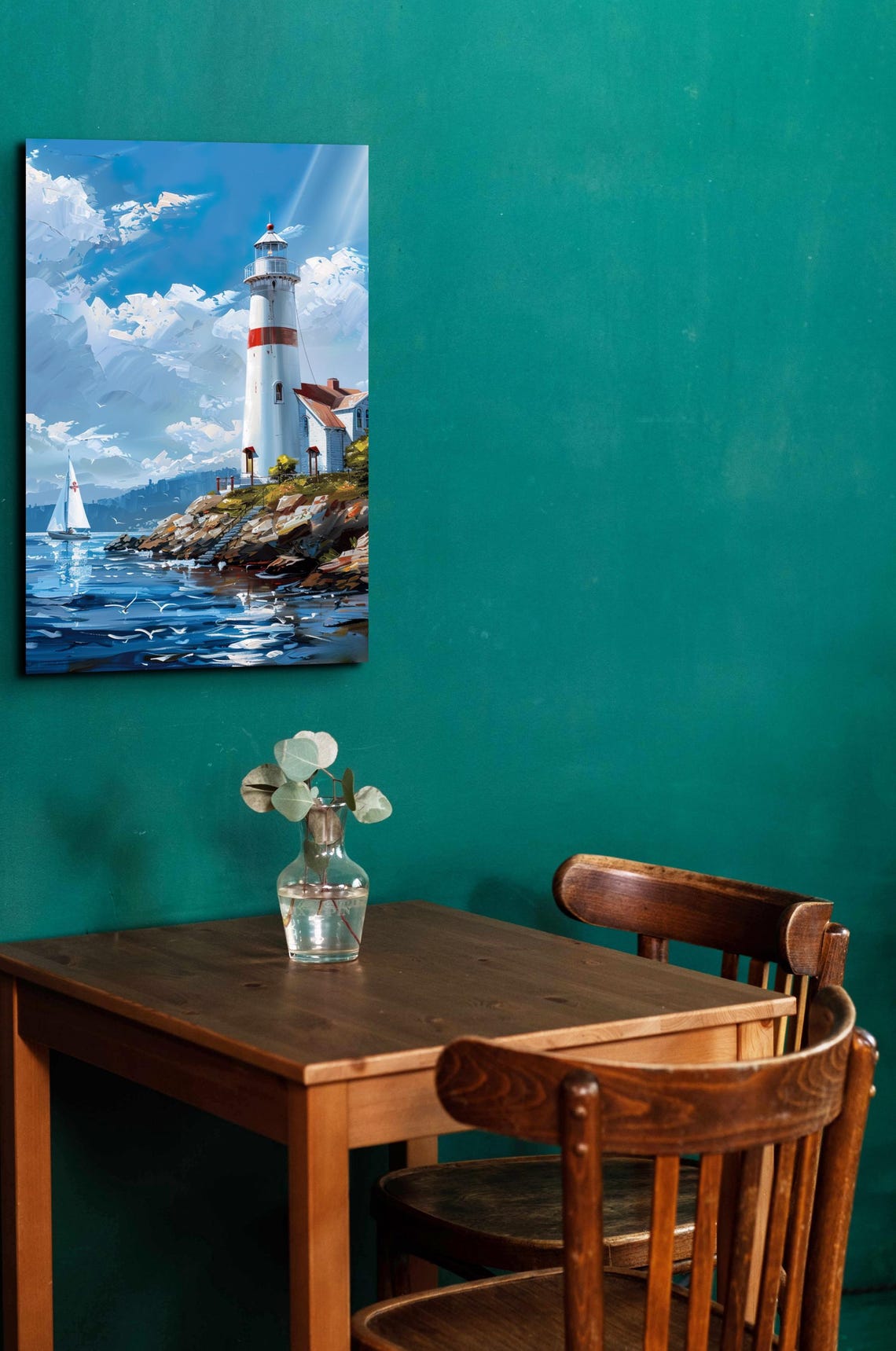 White Lighthouse With Red Band Rocky Shore Ocean Painting Poster - Image 7