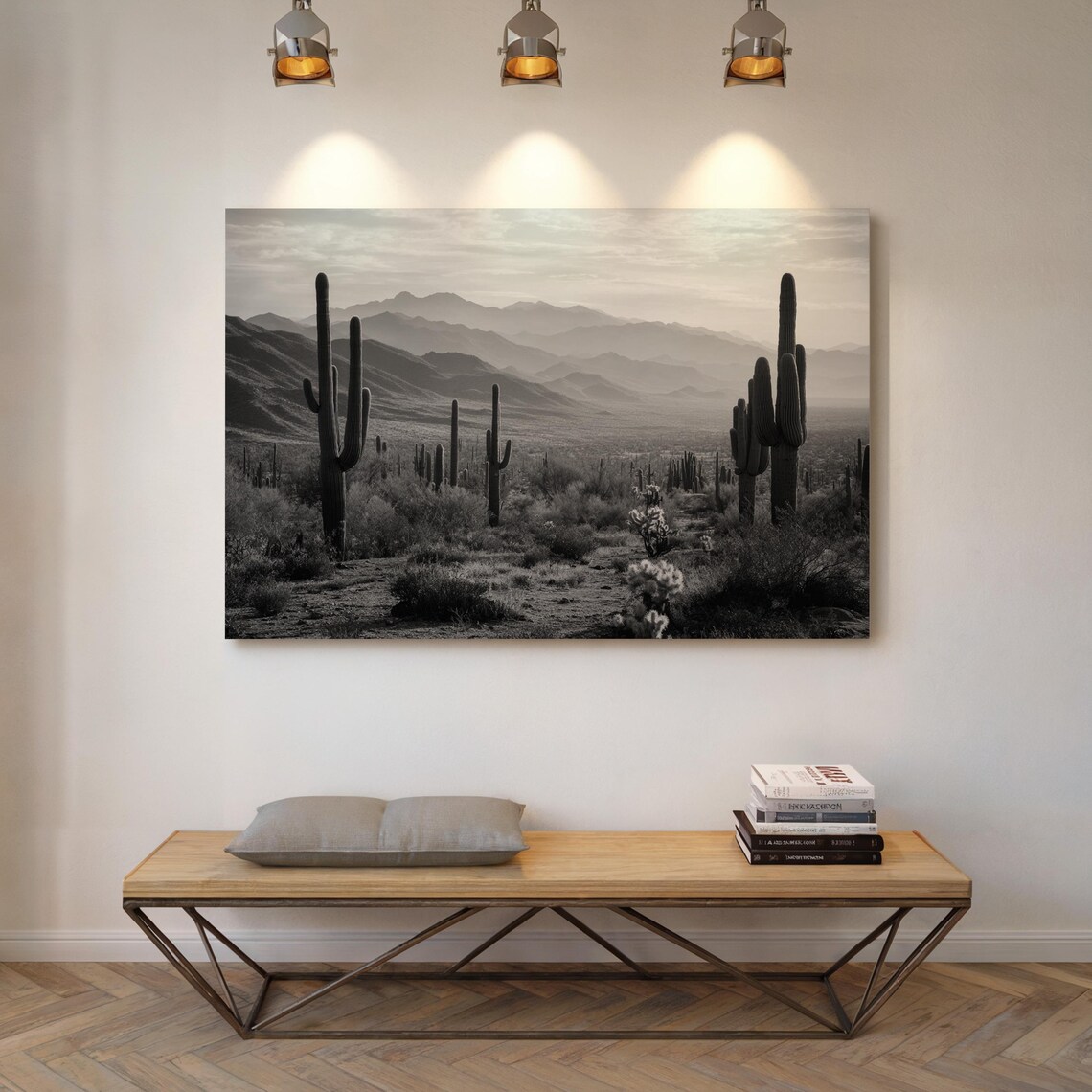 Black And White Desert Landscape With Saguaro Cactus Southwest Poster