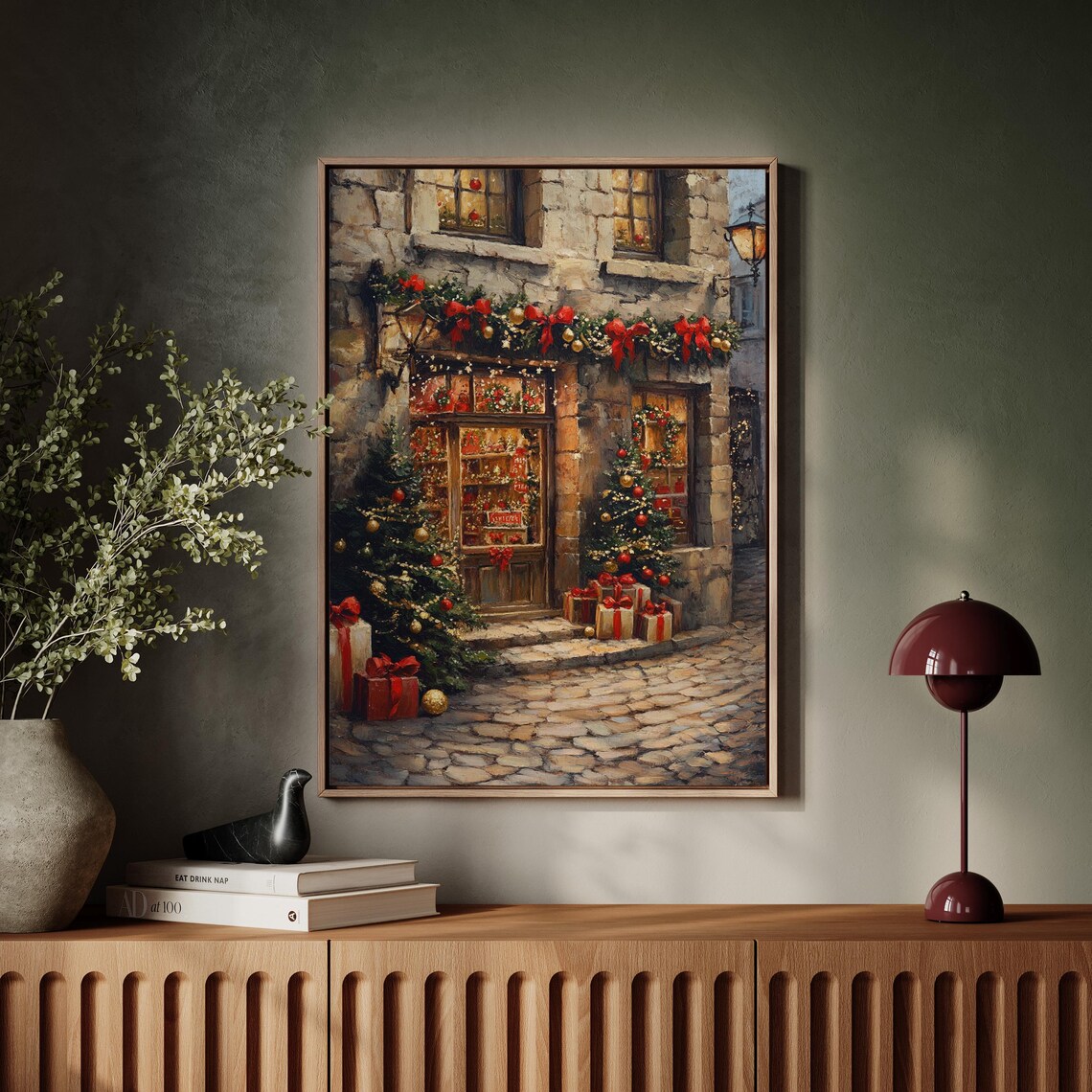 Christmas Shop Holiday Storefront Garland Wreaths Festive Scene Poster - Image 7