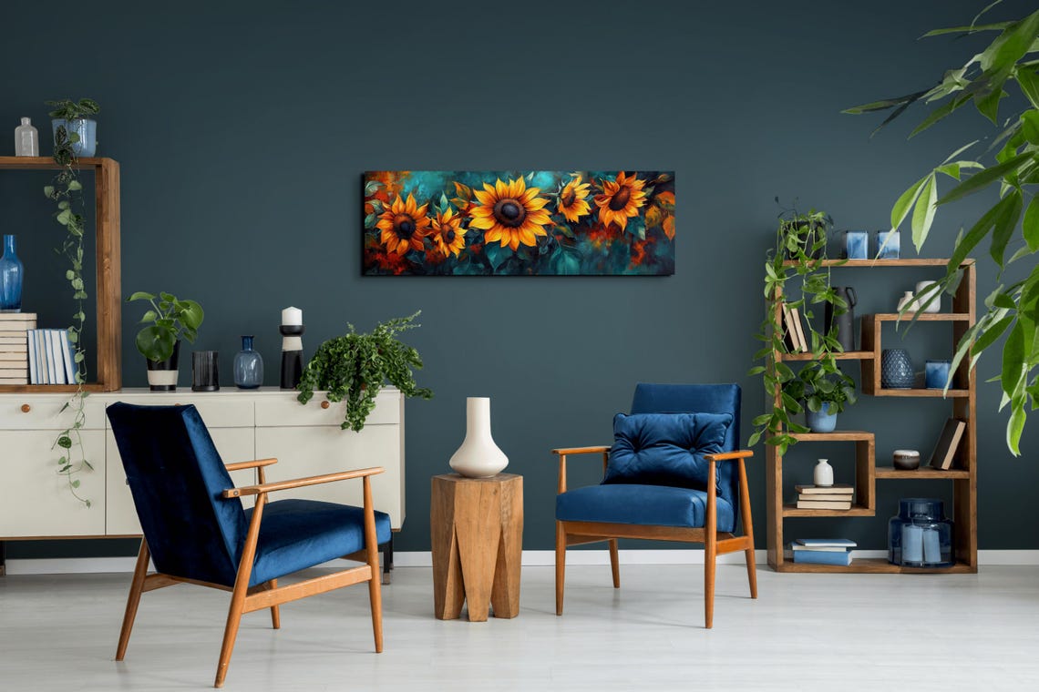 Impressionist Sunflowers Against Dark Teal Painterly Art Poster - Image 6
