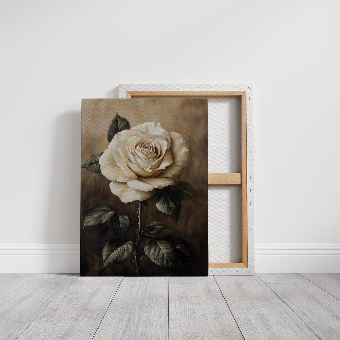 White Rose on a Tall Stem with Leaves Dark Vintage Botanical Poster - Image 3