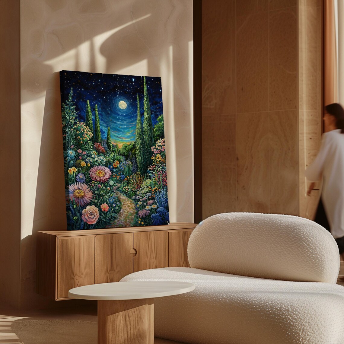 Moonlit Floral Garden Path, Starry Night Landscape - Image 7
