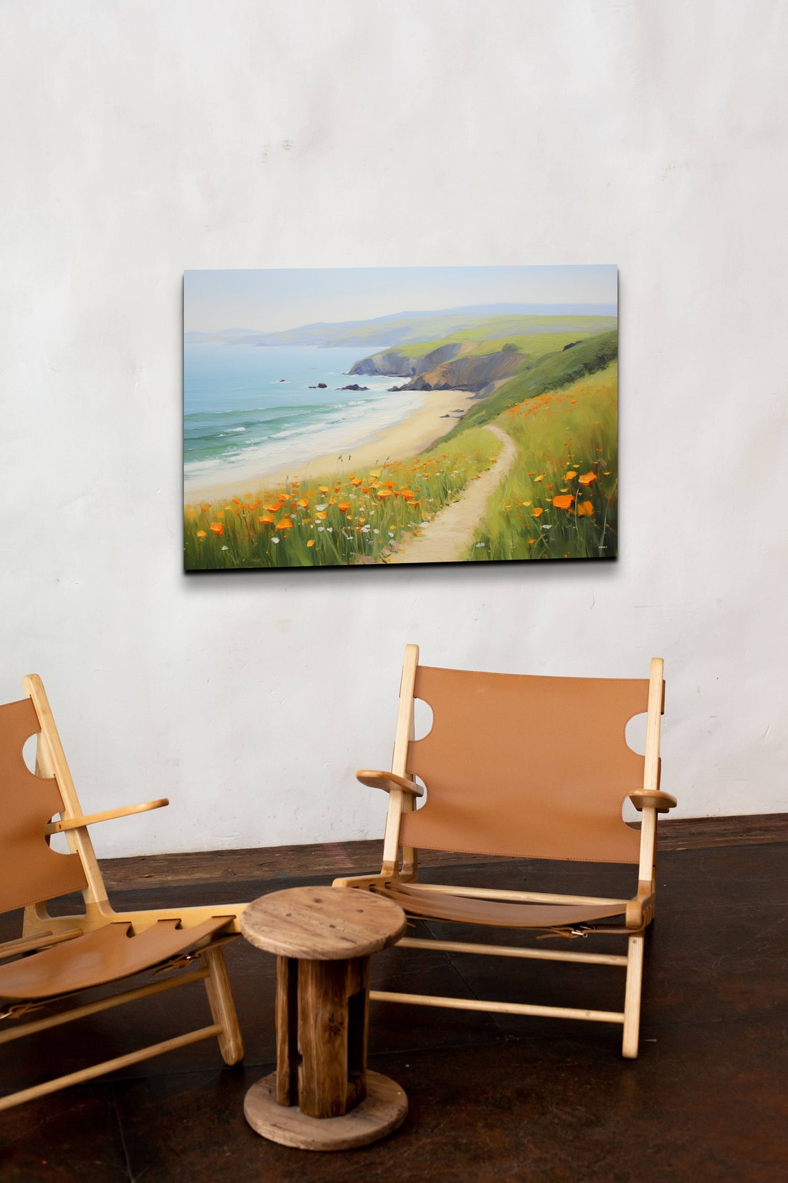 California Coast With Orange Poppies Above Sandy Beach Art Poster - Image 4