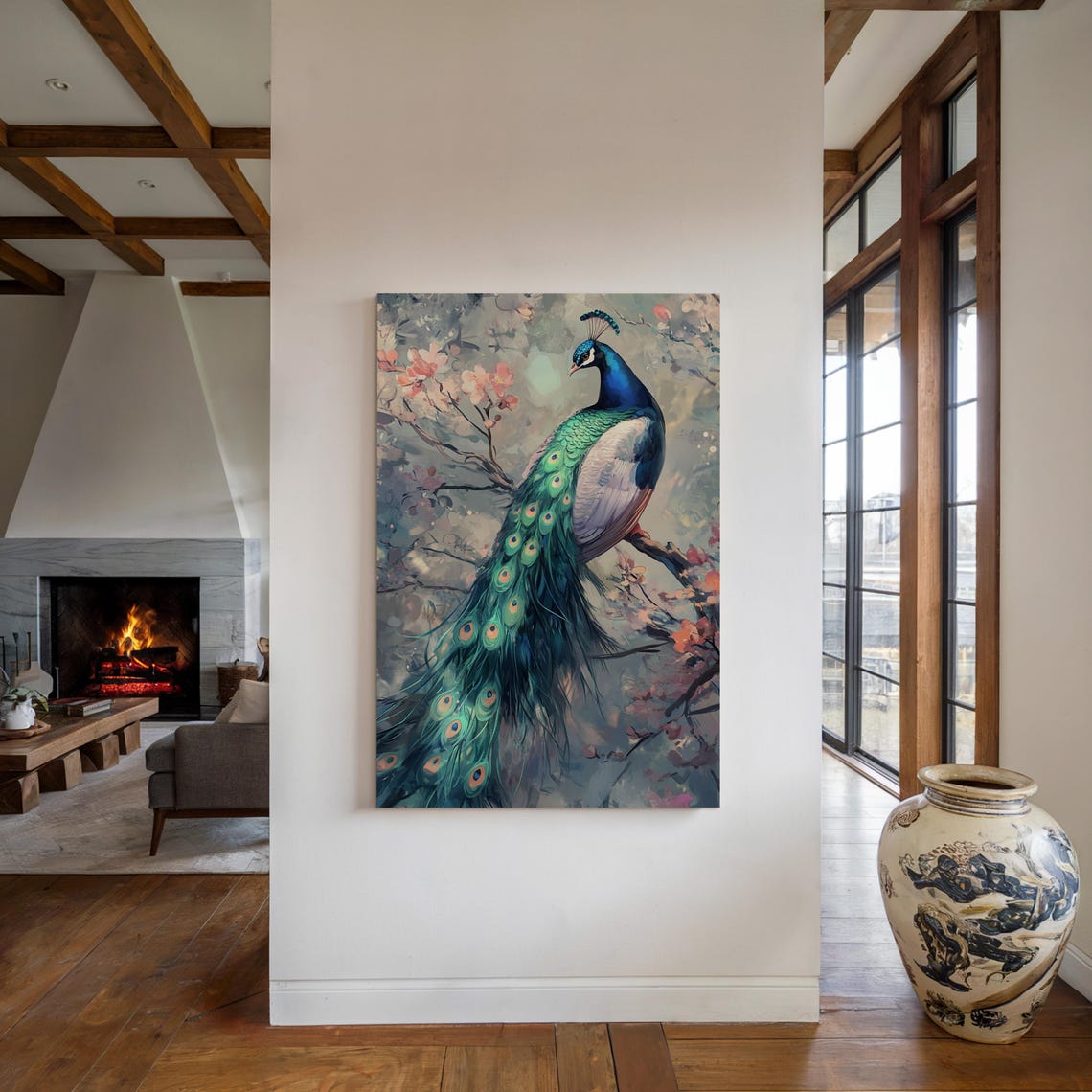 Graceful Peacock Cherry Blossoms Elegant Painterly Bird Poster - Image 3