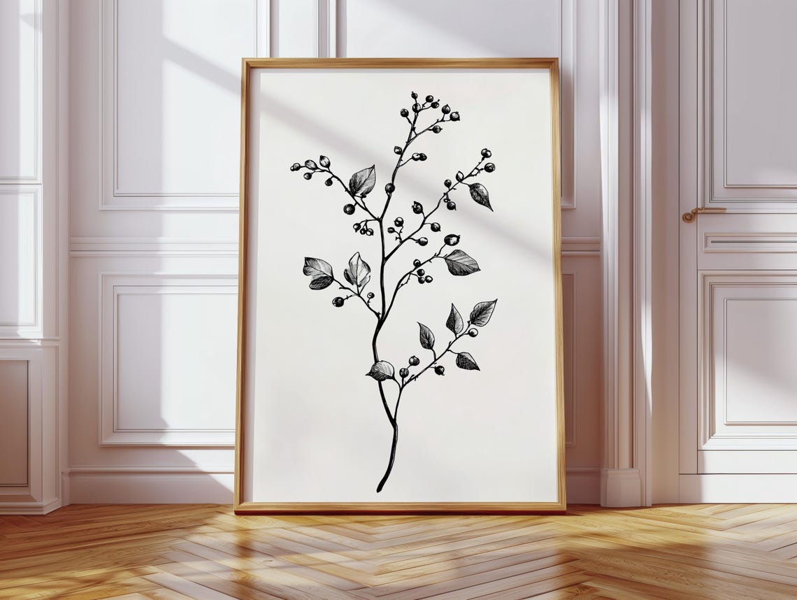 Minimalist Black and White Botanical Berry Branch Line Art Poster
