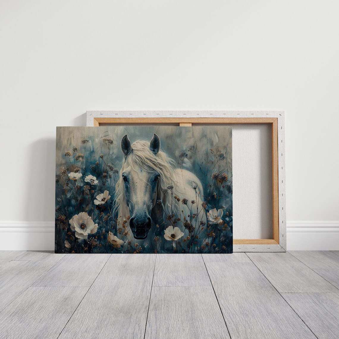 White Horse and Wild Flowers Landscape Art Print - Image 7