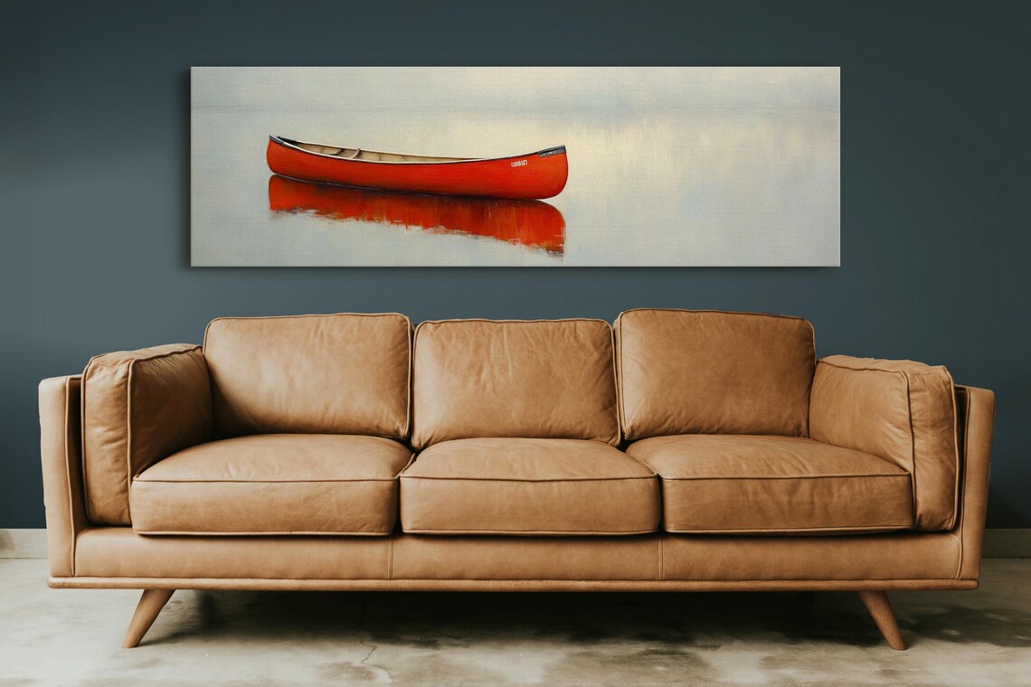 Red Canoe Misty Lake Serene Gray Blue Minimalist Water Poster - Image 5